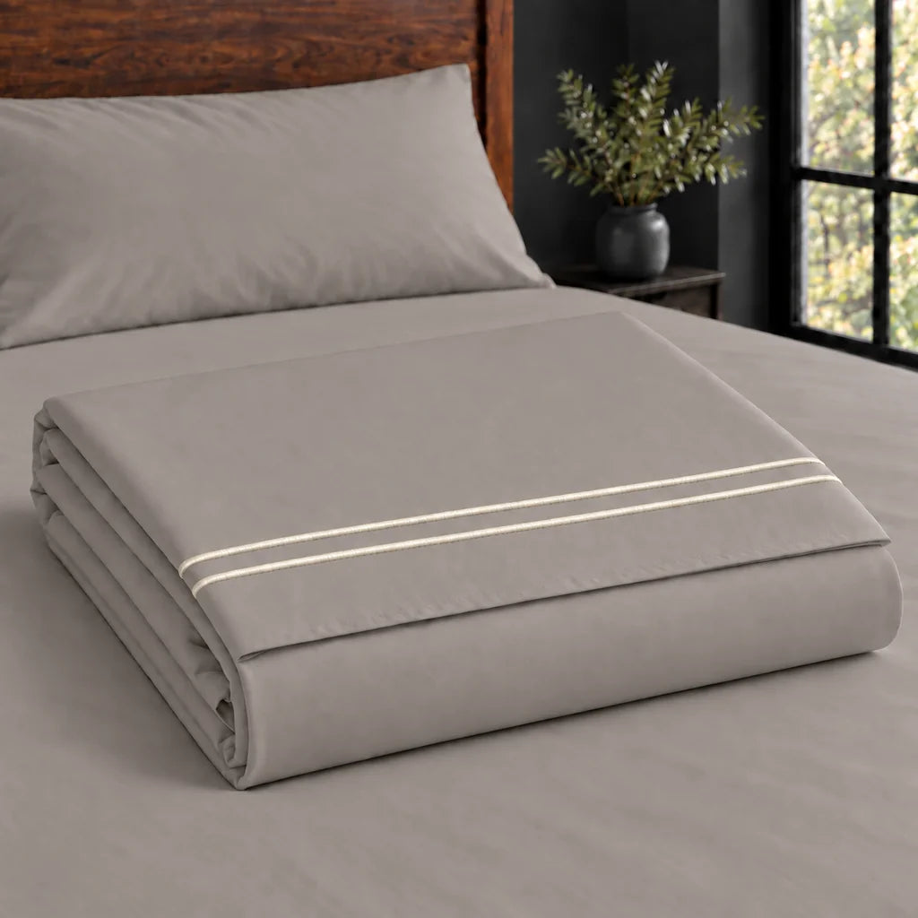 stone cotton percale 200tc flat sheet, two row cream satin stitch — construction — Linen and Co