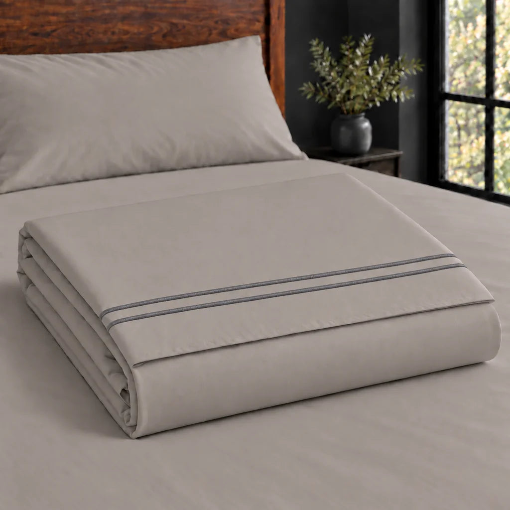stone cotton percale 200tc flat sheet, two row grey satin stitch — construction — Linen and Co