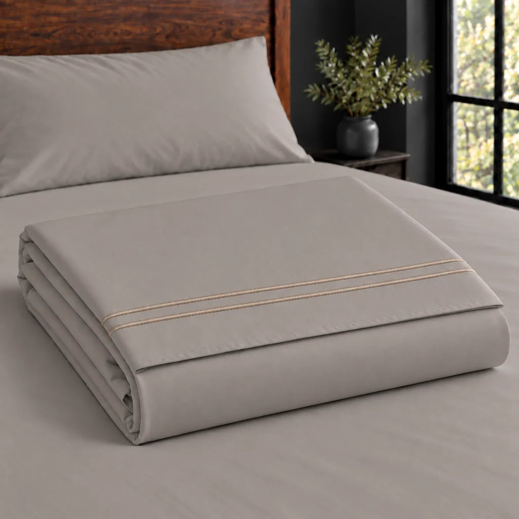 stone cotton percale 200tc flat sheet, two row stone satin stitch — construction — Linen and Co