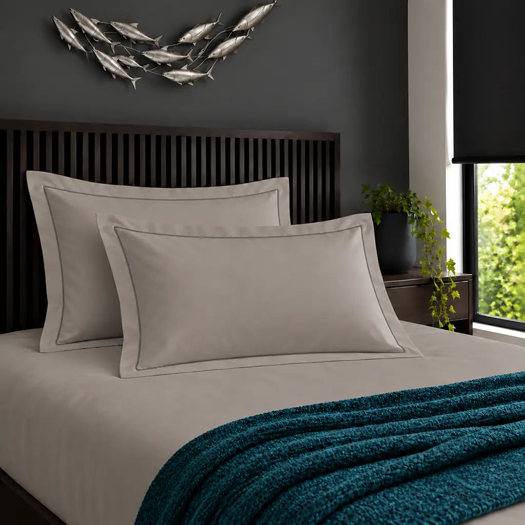 Oxford stone 200TC cotton percale pillowcases with one row grey satin stitch border by Linen and Co