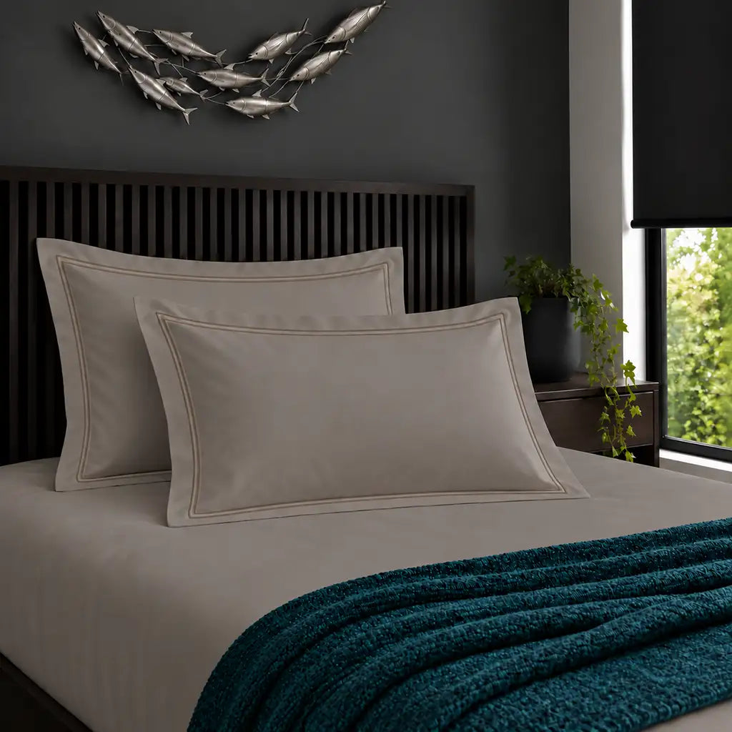 Oxford stone 200TC cotton percale pillowcases with two row stone satin stitch border by Linen and Co