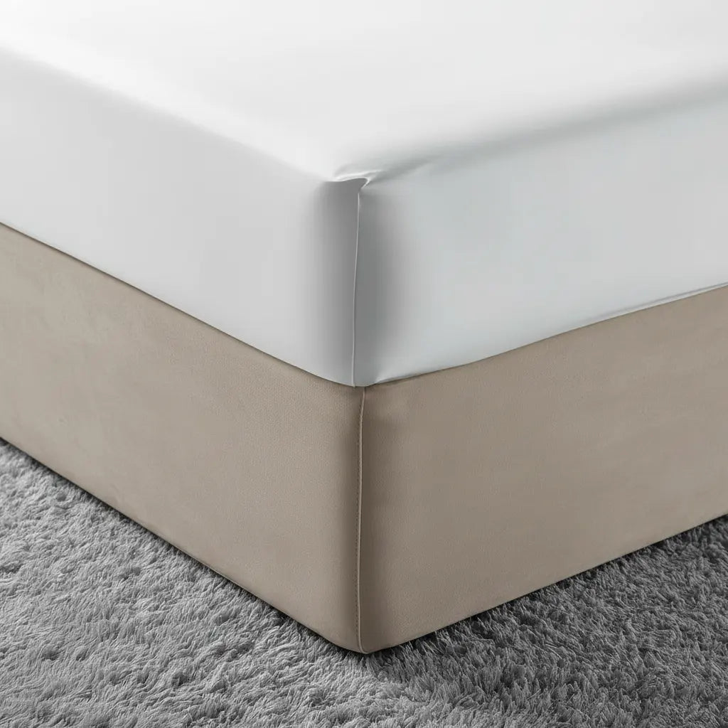 Linen and Co stone mock suede base wrap fitted to a bed base with a tailored finish