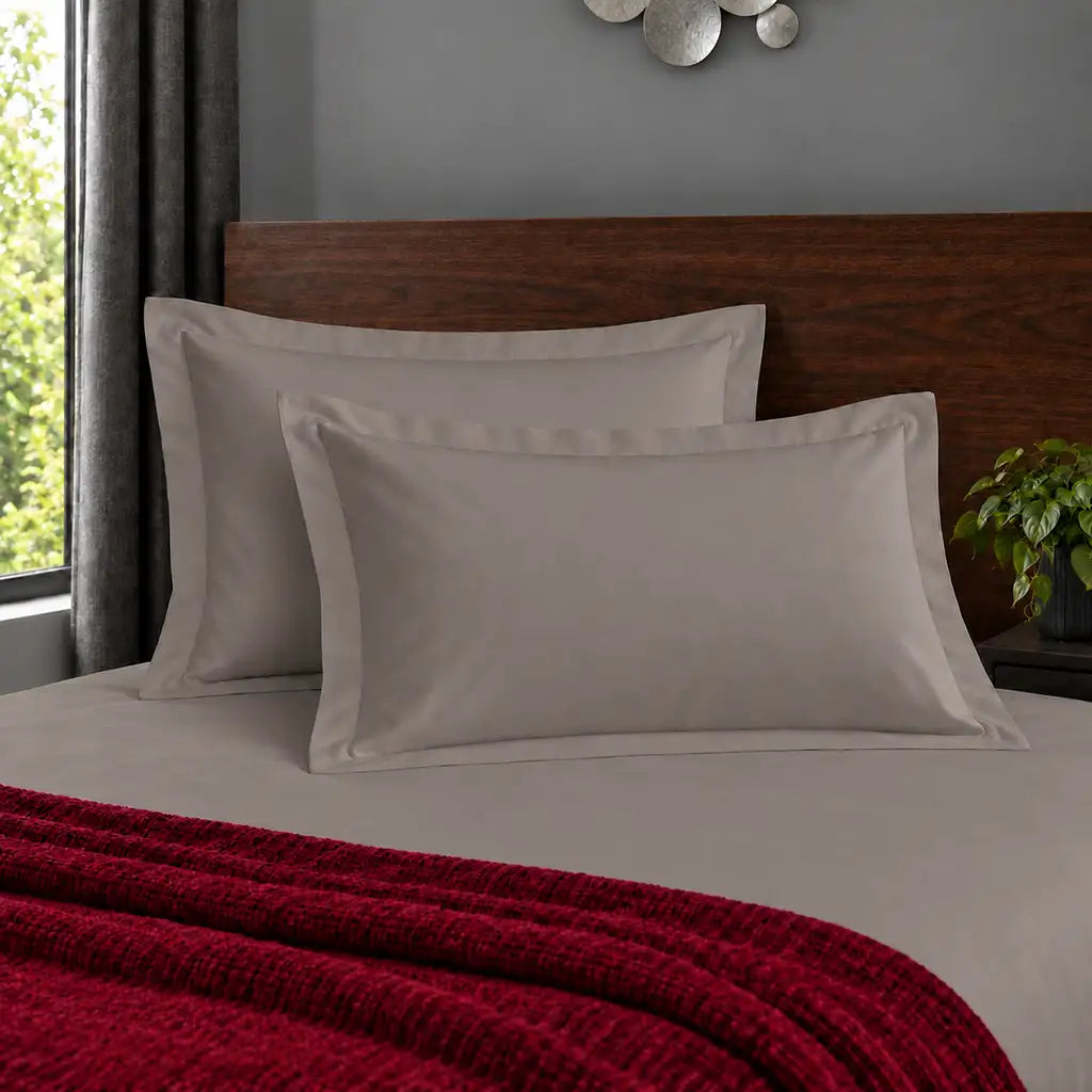 Oxford stone 200TC polycotton percale pillowcases with no satin stitch border by Linen and Co