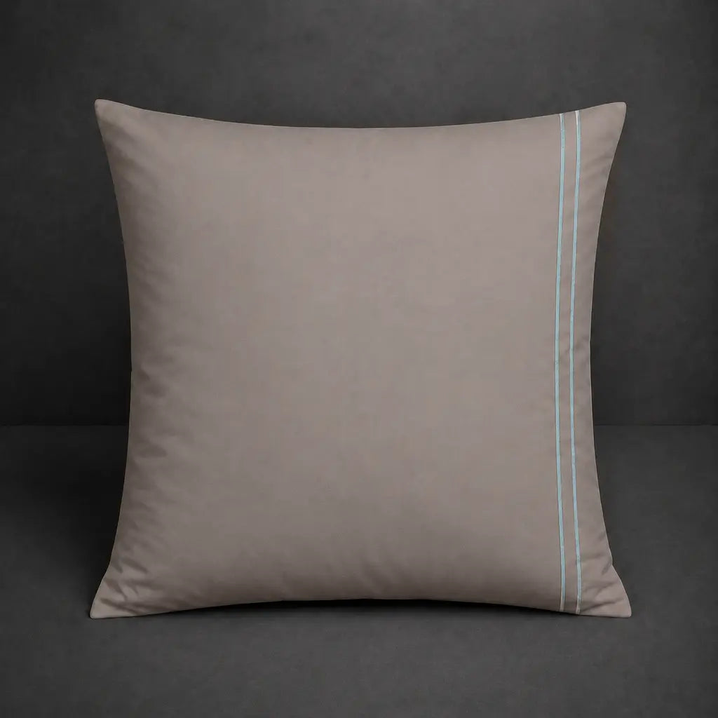 Square Stone Polycotton Percale 200TC Continental pillowcase with two rows of Duck Egg satin stitching.