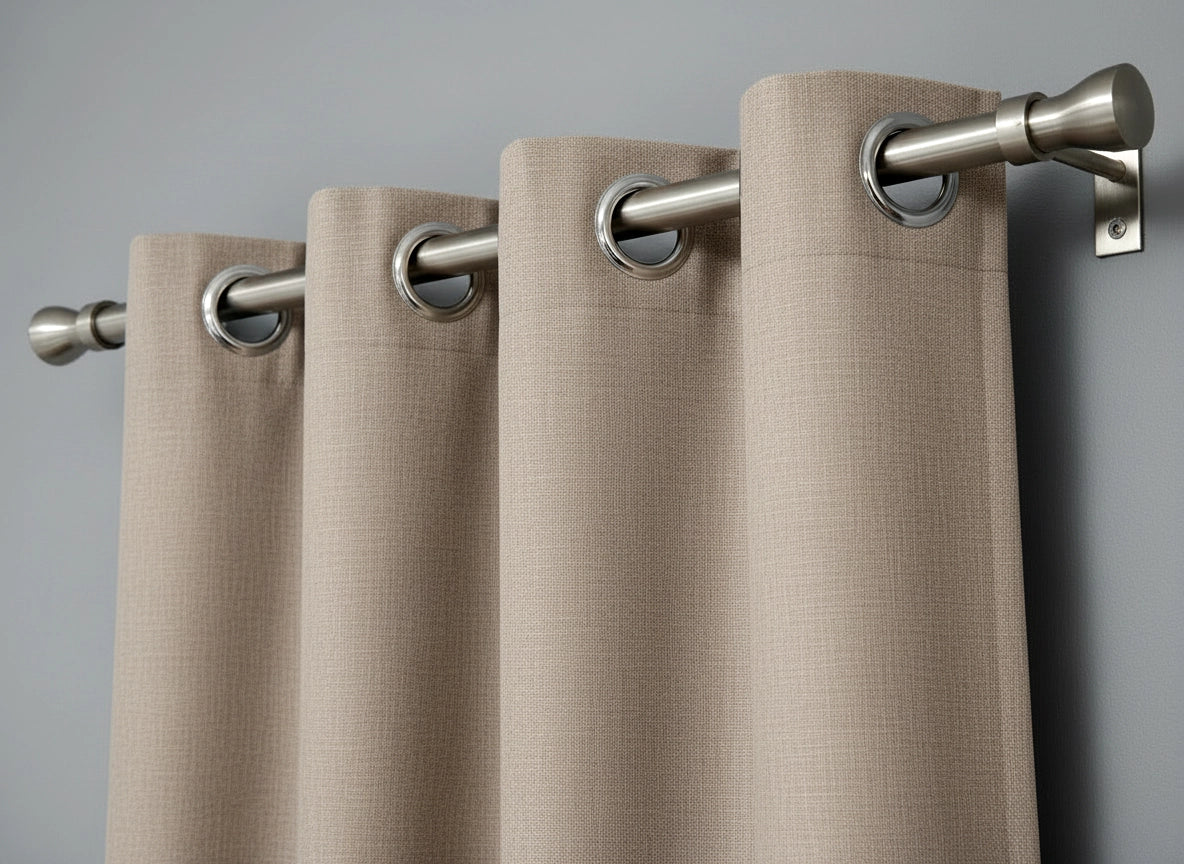 Stone eyelet curtains with silver eyelets on stainless steel rod, hospitality and residential window treatments