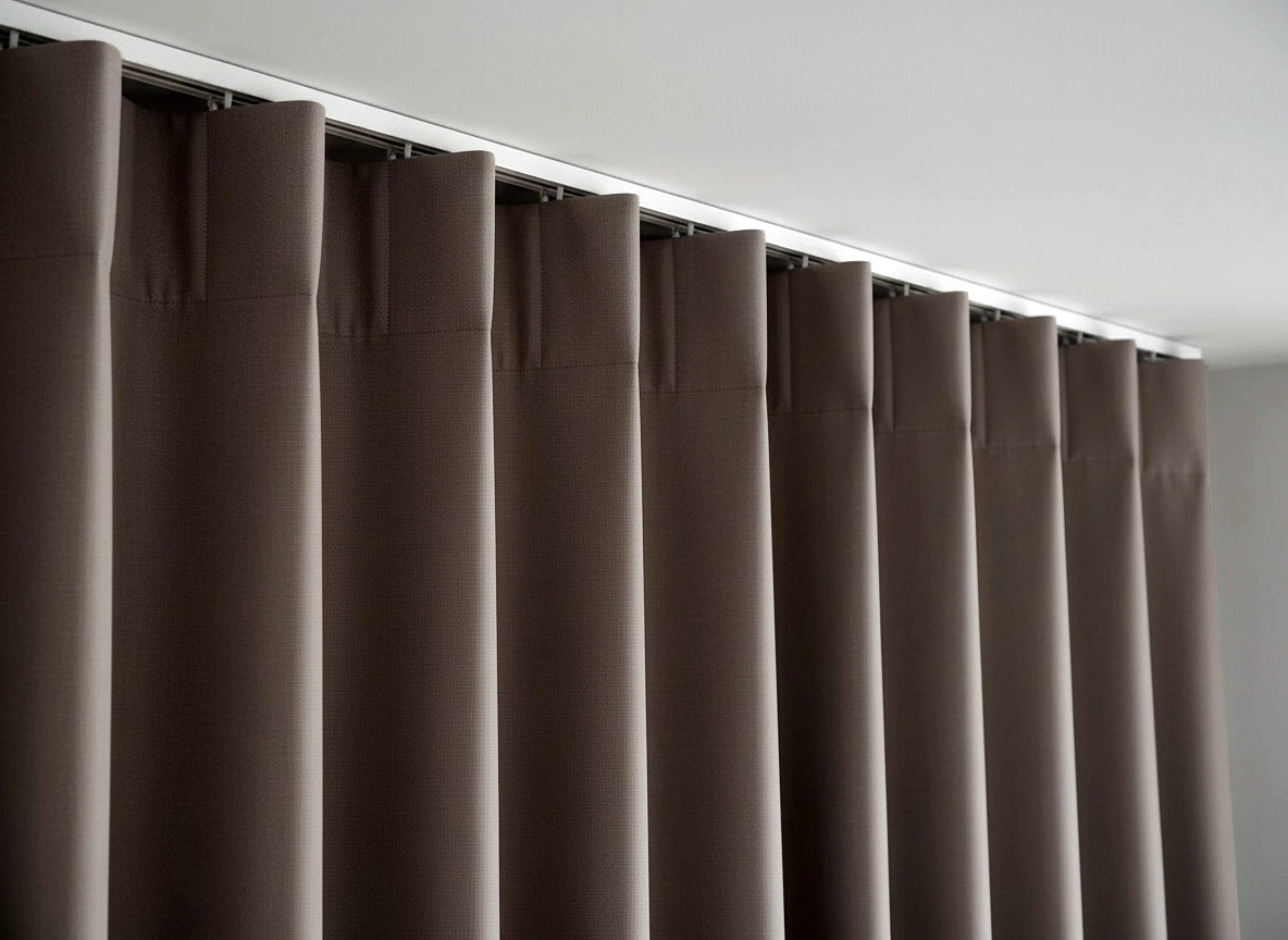 Stone taped curtains on ceiling wave track, Linen and Co, hospitality and residential curtains