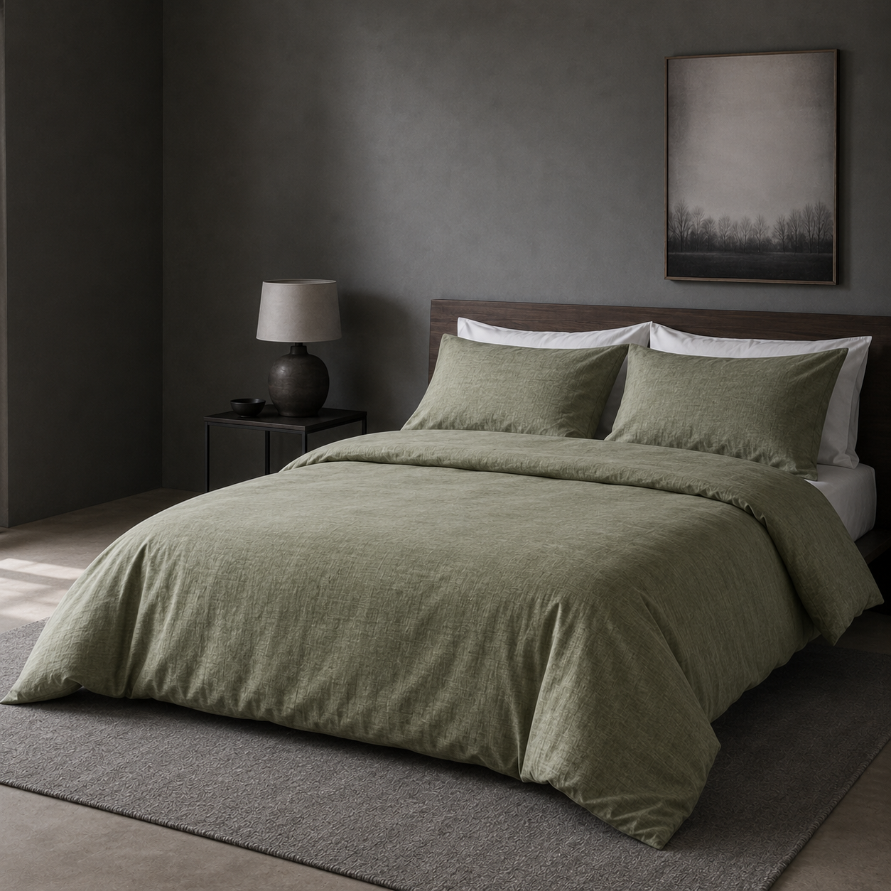 Summer Sage cotton duvet cover set styled on a bed