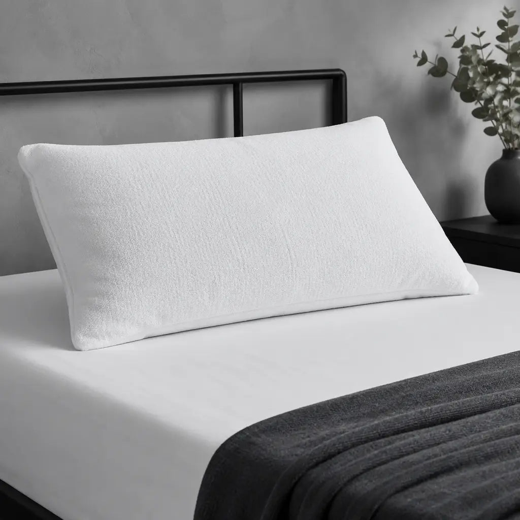 Towelling Wetsafe pillow protector on a cool grey hotel bed by Linen and Co