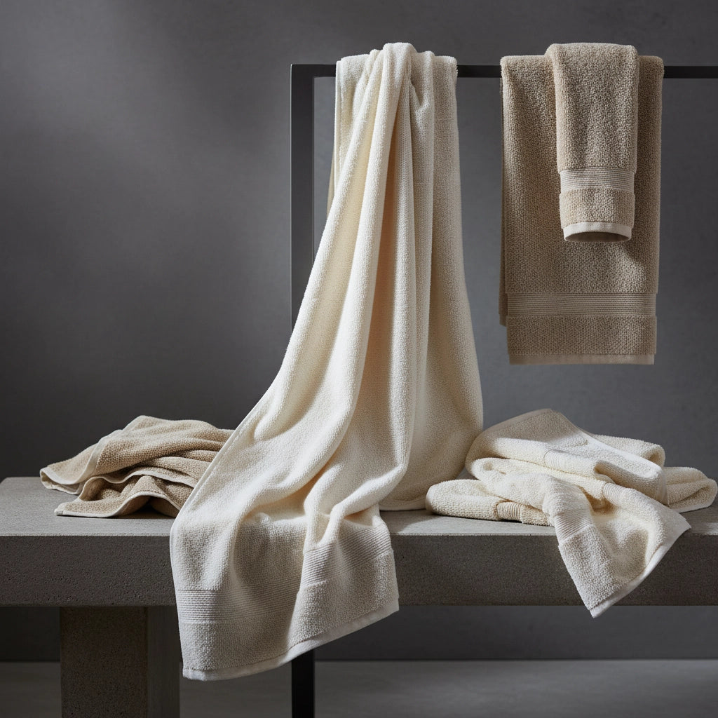 Towels draped and folded in white and stone tones on bench by Linen and Co - custom sizing guide for luxury bath linens