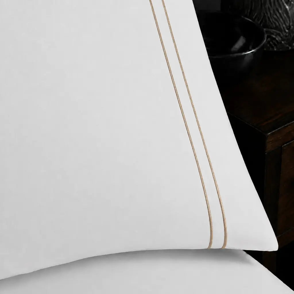 Close-up of White 100% Cotton Percale 200TC pillow case with Stone two-row satin stitch - Linen and Co
