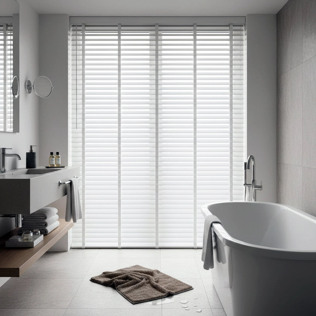 White 50mm Venetian blinds in modern bathroom with bathtub and vanity, designed for privacy and light control by Linen and Co