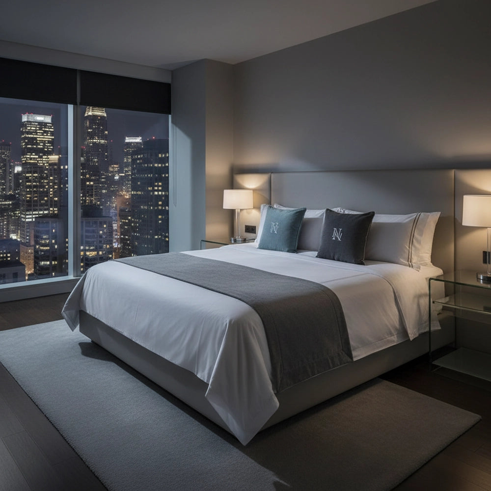 White bed linen in a modern city hotel room by Linen and Co, featuring grey accents and skyline night view