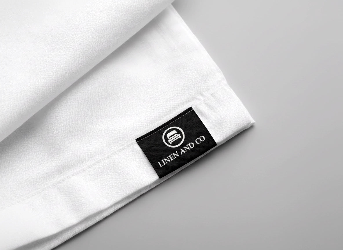 Premium white cotton bedding with black woven label featuring Linen and Co branding sewn into seam, showing professional custom label detail and precise stitching craftsmanship