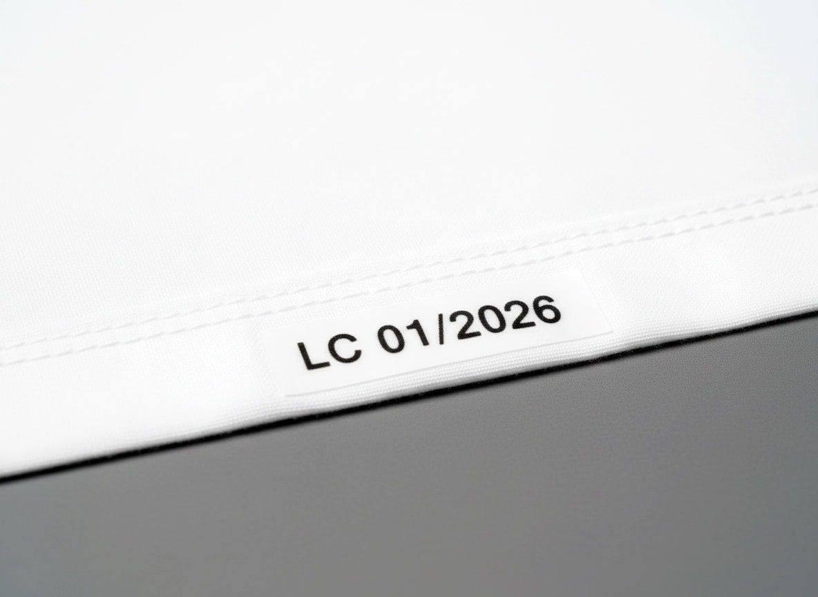 Premium white cotton bedding folded to show inside bottom hem with heat transfer printed text displaying abbreviated property name "LC" and date "01/2026" in black showing utility marking detail