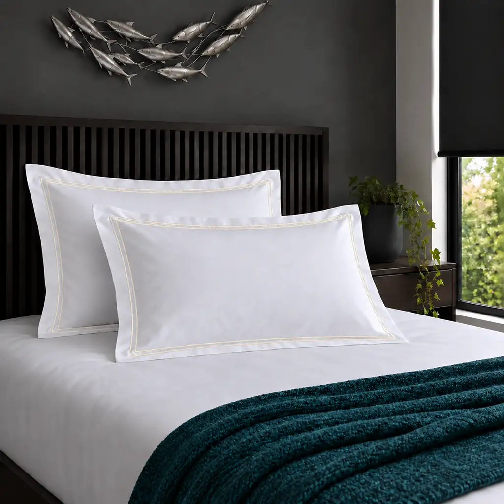 Oxford white 200TC 100% cotton percale pillowcases with two row cream satin stitch border by Linen and Co