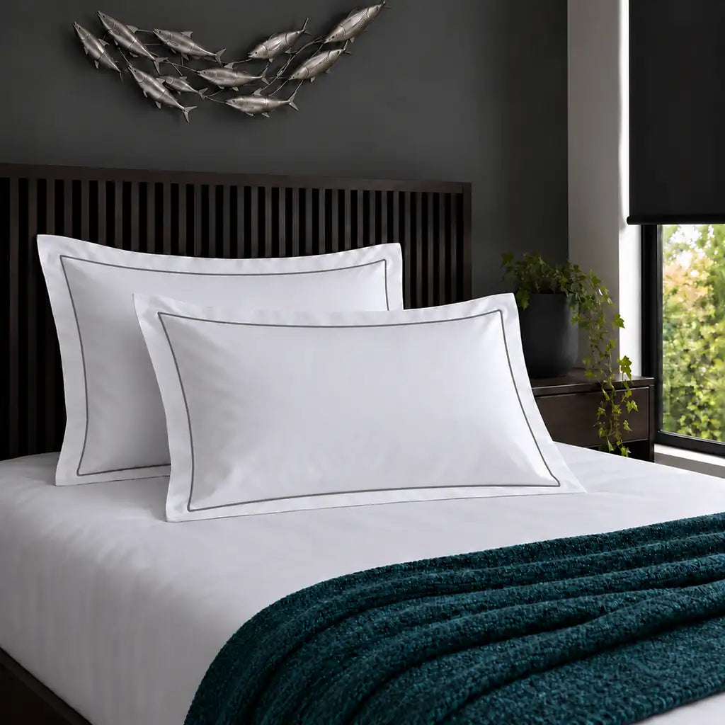 Oxford white 200TC 100% cotton percale pillowcases with one row grey satin stitch border by Linen and Co