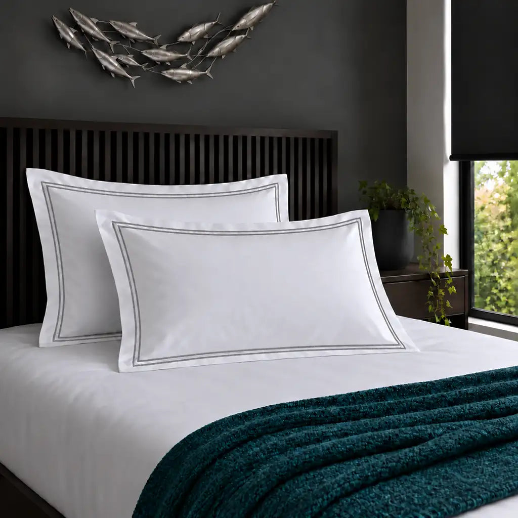 Oxford white 200TC 100% cotton percale pillowcases with two row grey satin stitch border by Linen and Co