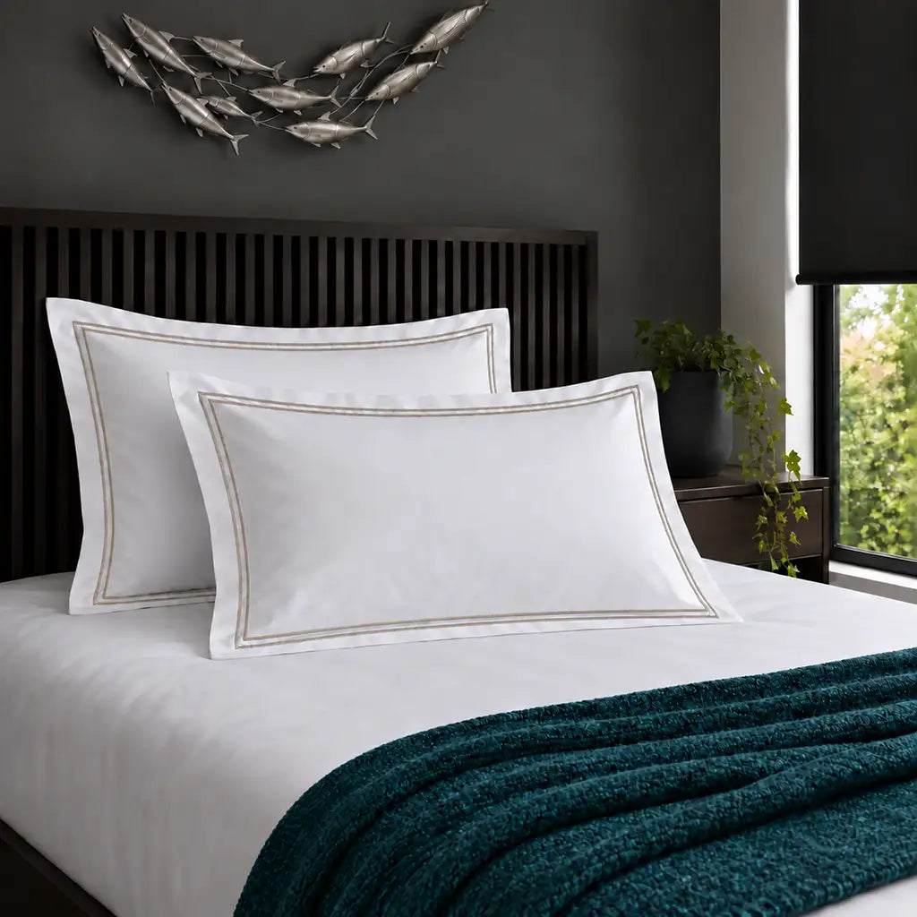Oxford white 200TC 100% cotton percale pillowcases with two row stone satin stitch border by Linen and Co