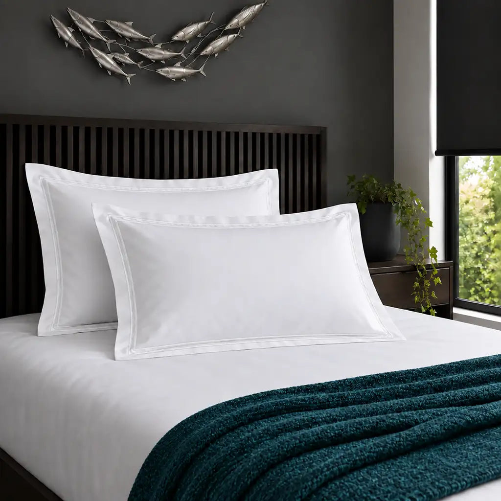 Oxford white 200TC 100% cotton percale pillowcases with two row white satin stitch border by Linen and Co