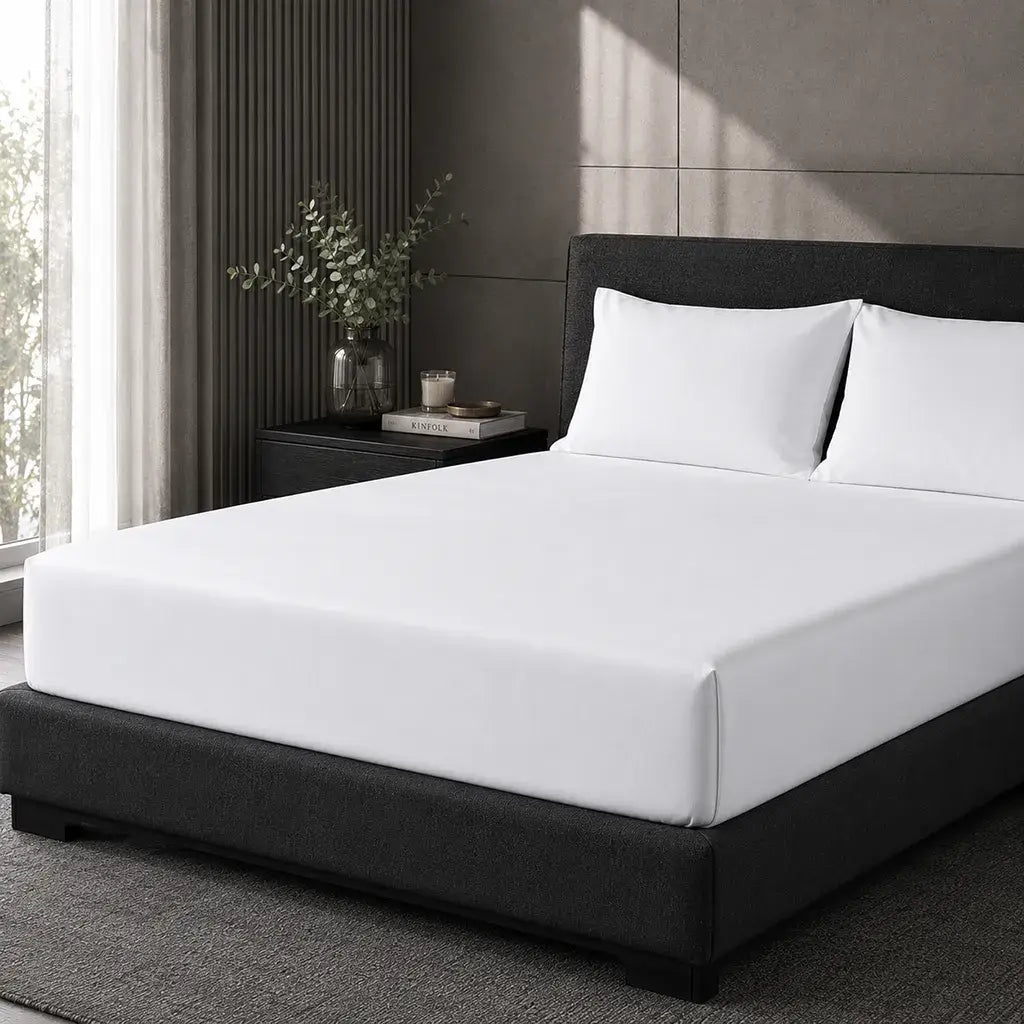 White Cotton Percale 300TC Fitted Sheets on mattress - Linen and Co