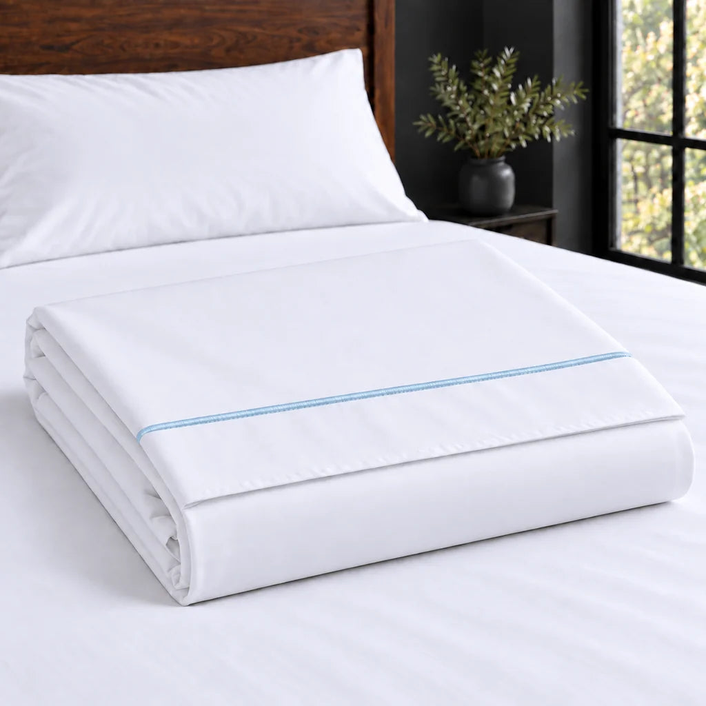 white cotton percale 300tc flat sheet, one row duck egg satin stitch — construction — Linen and Co