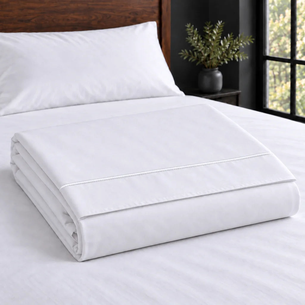 white cotton percale 300tc flat sheet, one row white satin stitch — construction — Linen and Co
