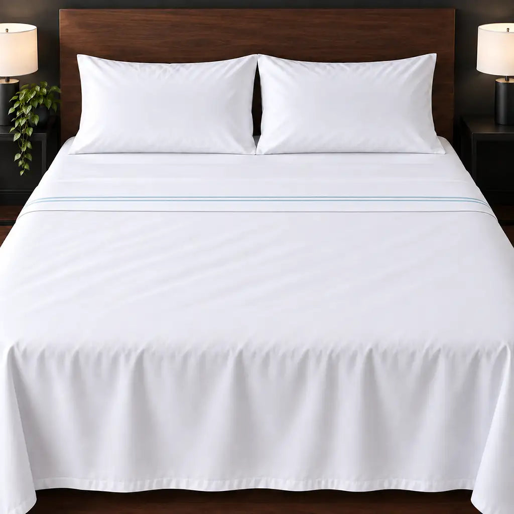 white cotton percale 300tc flat sheet, two row duck egg satin stitch — hero — Linen and Co
