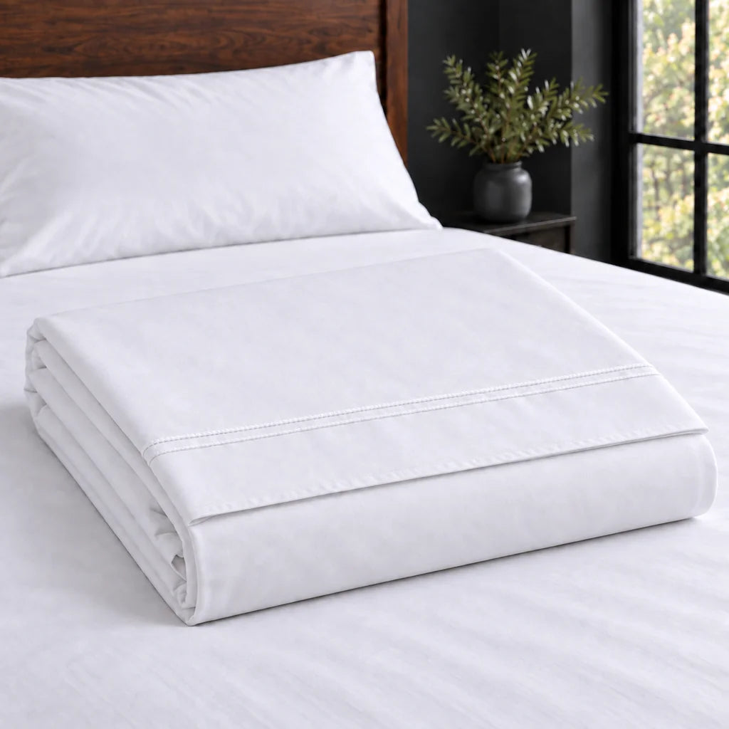 white cotton percale 300tc flat sheet, two row white satin stitch — construction — Linen and Co