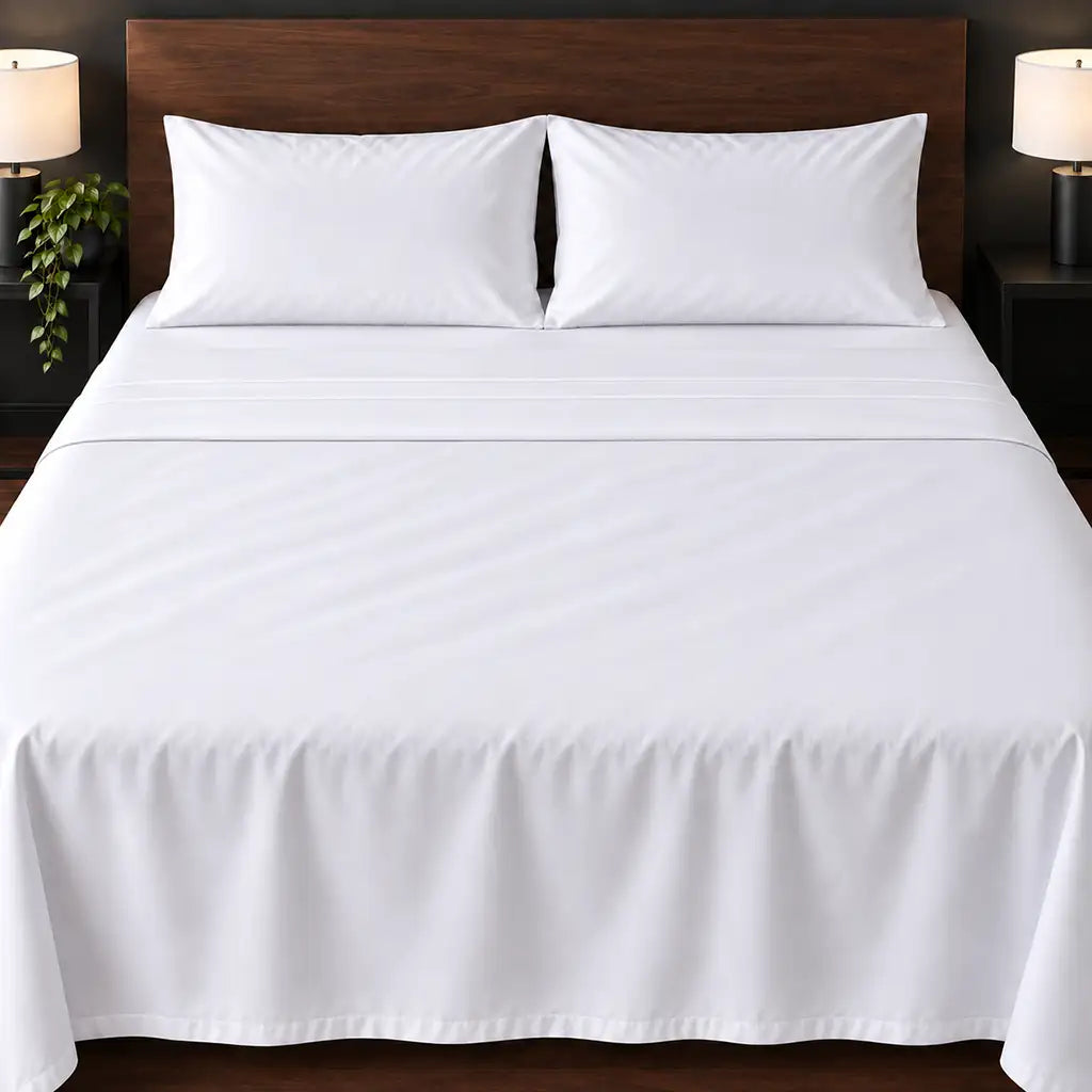 white cotton percale 300tc flat sheet, two row white satin stitch — hero — Linen and Co
