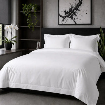 White Cotton 300TC Oxford duvet cover set with no satin stitch — hero view — Linen & Co