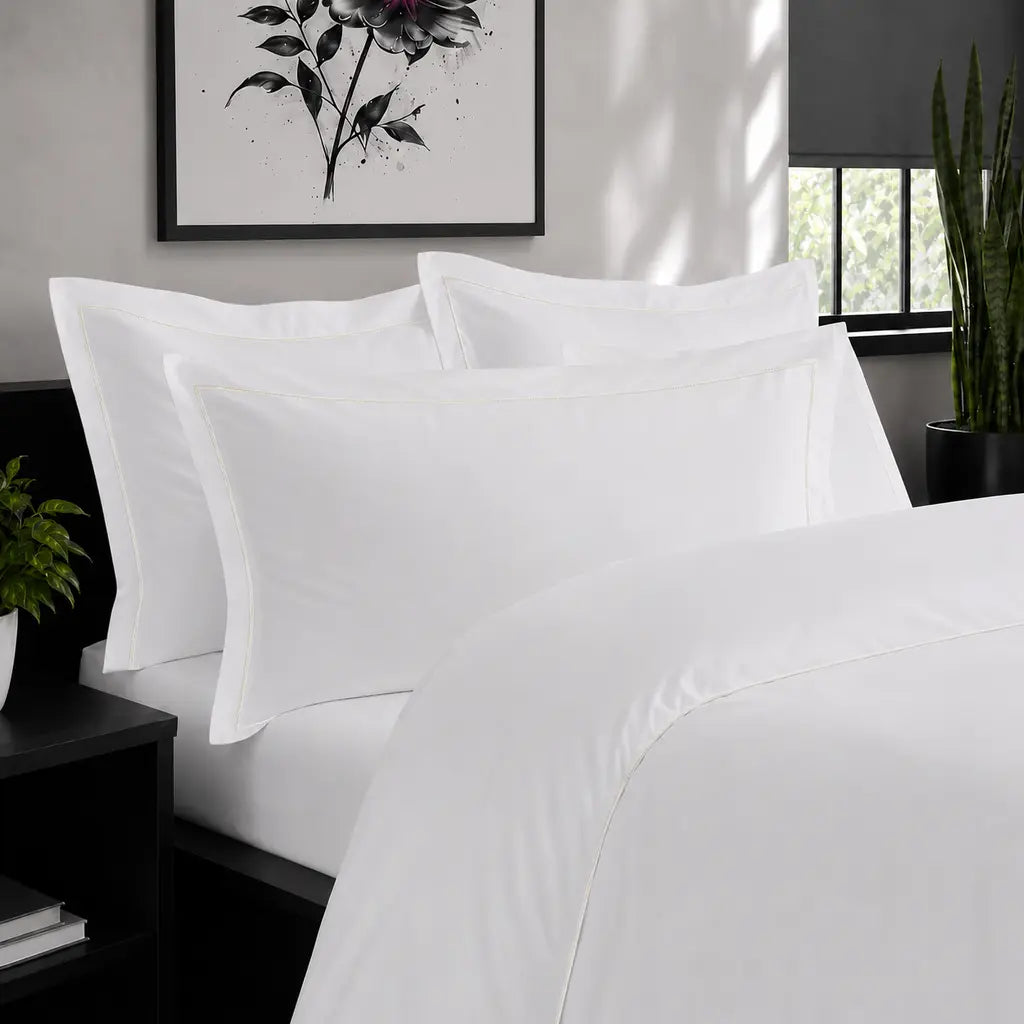 White Cotton 300TC Oxford duvet cover set with one row cream satin stitch — alternate lifestyle view — Linen & Co