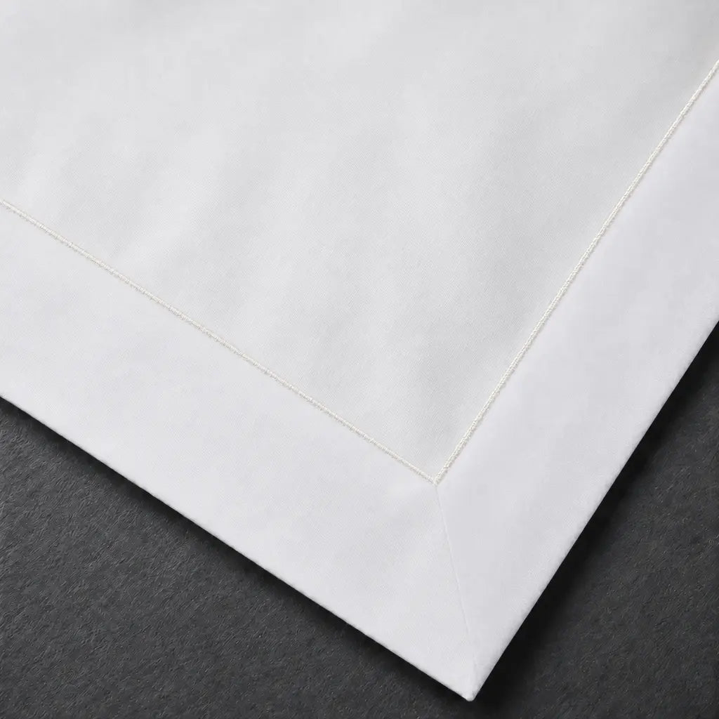 White Cotton 300TC Oxford duvet cover set with one row cream satin stitch — embroidery close-up — Linen & Co