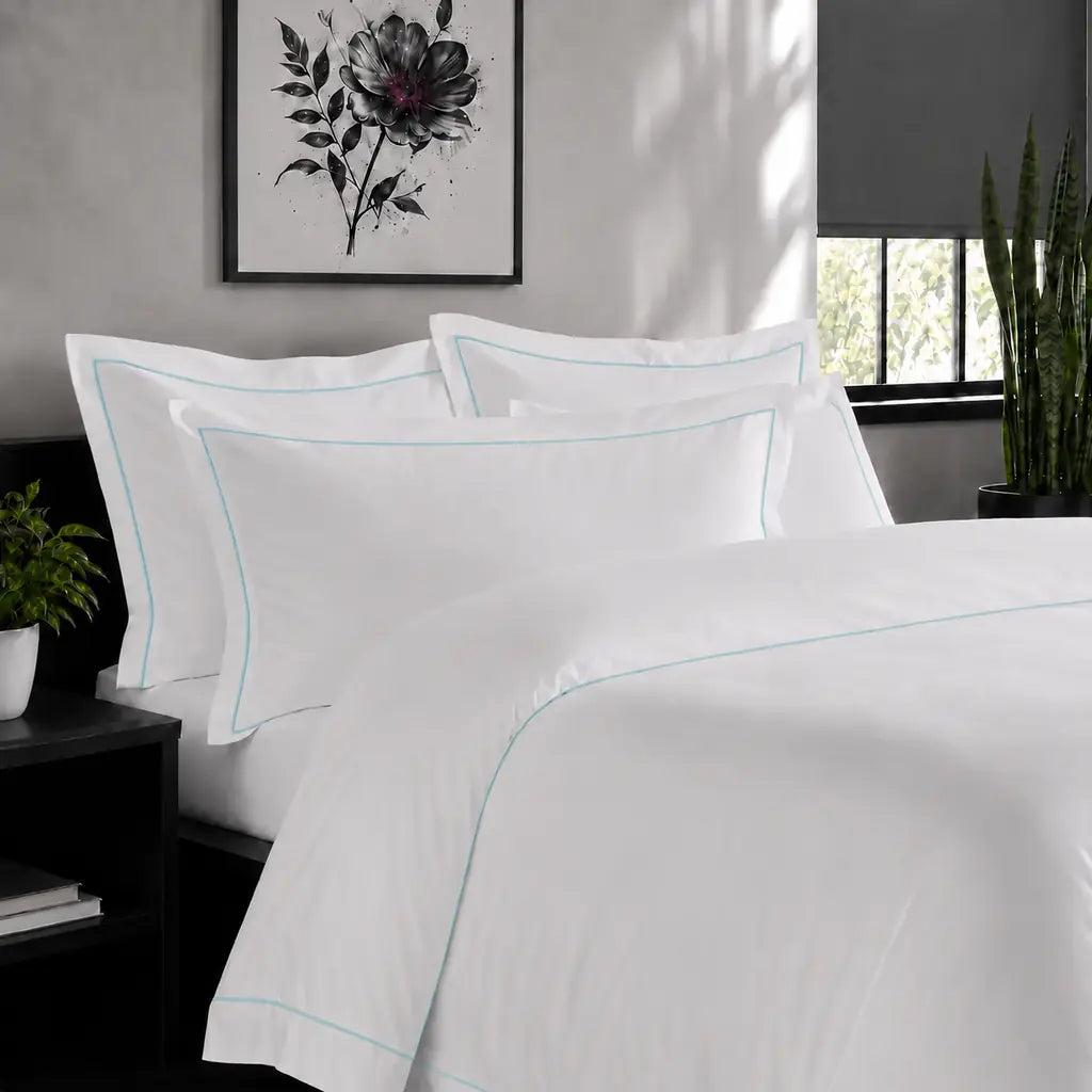 White Cotton 300TC Oxford duvet cover set with one row duck egg satin stitch — alternate lifestyle view — Linen & Co