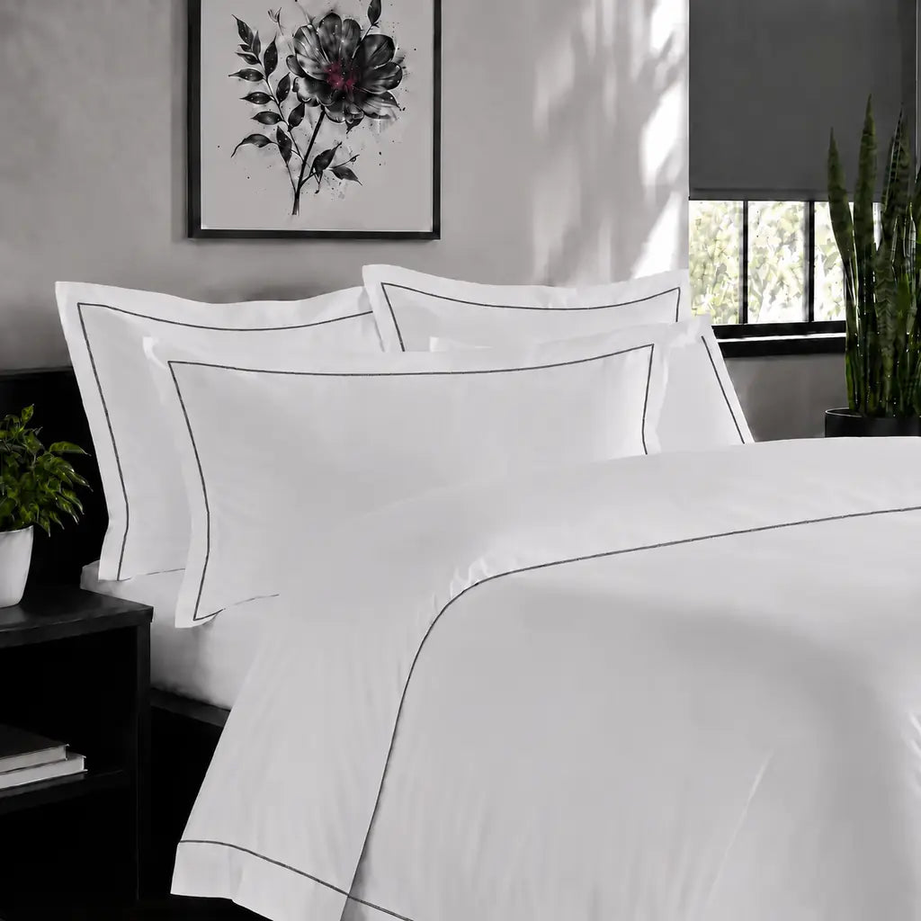 White Cotton 300TC Oxford duvet cover set with one row grey satin stitch — alternate lifestyle view — Linen & Co
