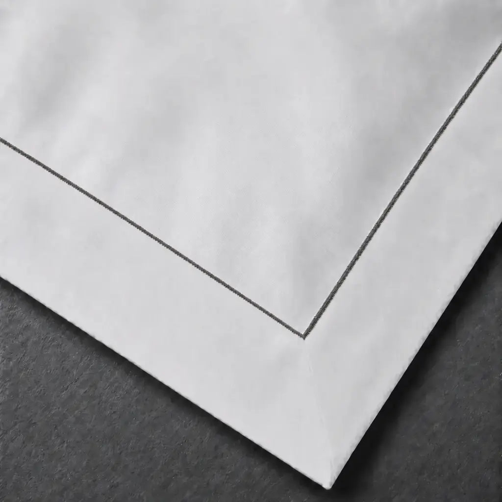 White Cotton 300TC Oxford duvet cover set with one row grey satin stitch — embroidery close-up — Linen & Co