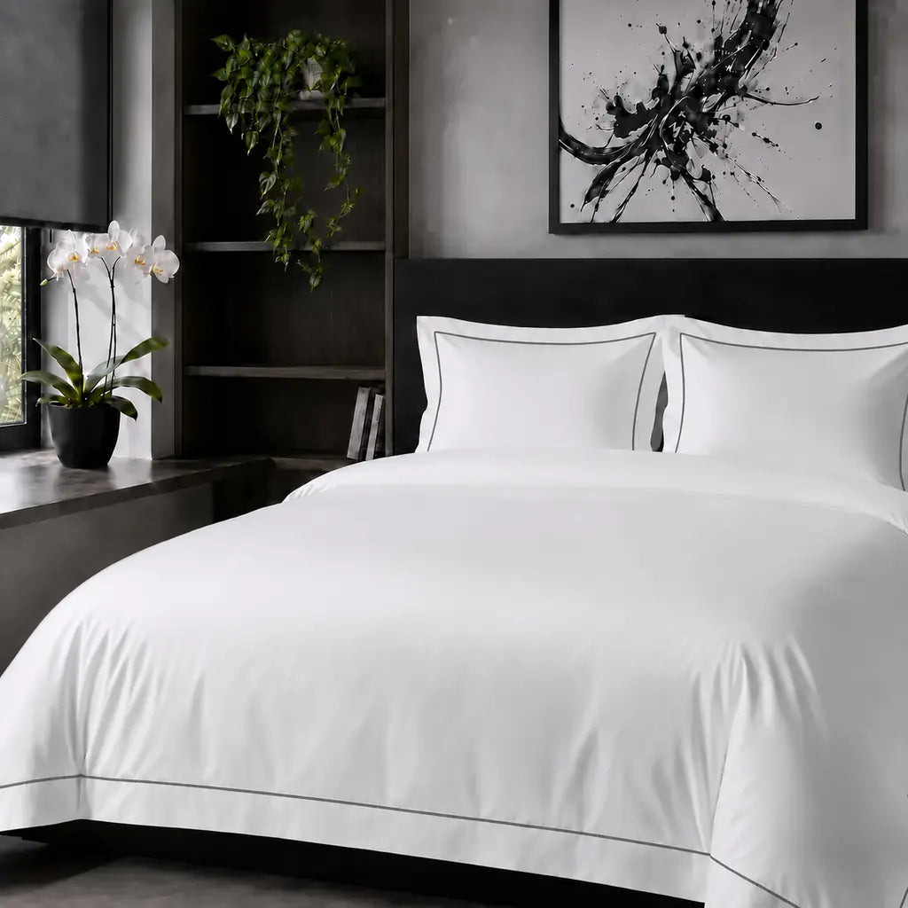 White Cotton 300TC Oxford duvet cover set with one row grey satin stitch — hero view — Linen & Co