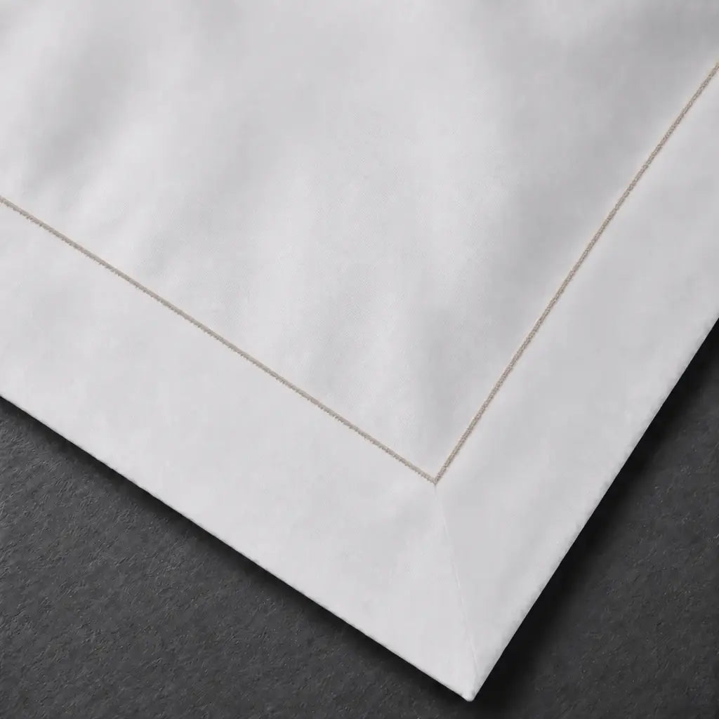 White Cotton 300TC Oxford duvet cover set with one row stone satin stitch — embroidery close-up — Linen & Co