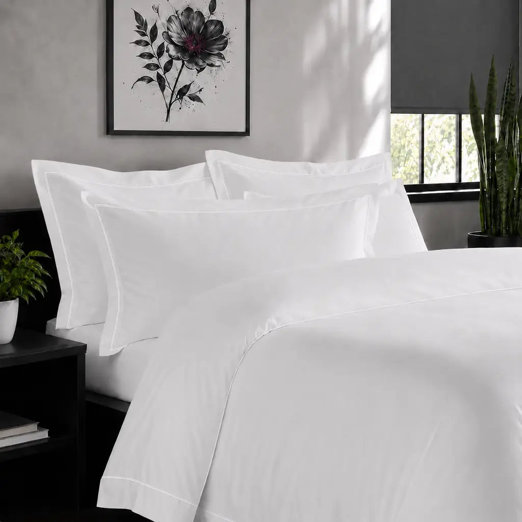 White Cotton 300TC Oxford duvet cover set with one row white satin stitch — alternate lifestyle view — Linen & Co