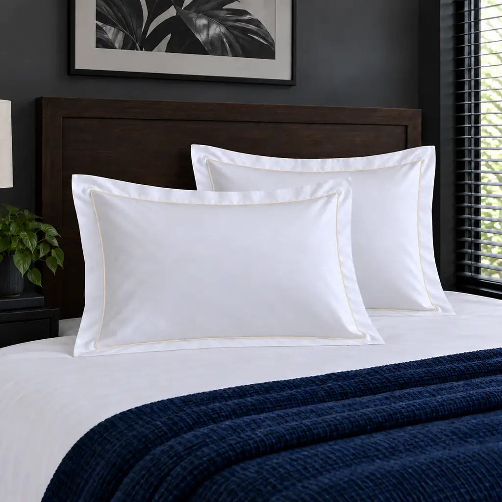 Oxford white 300TC 100% cotton percale pillowcases with one row cream satin stitch border by Linen and Co