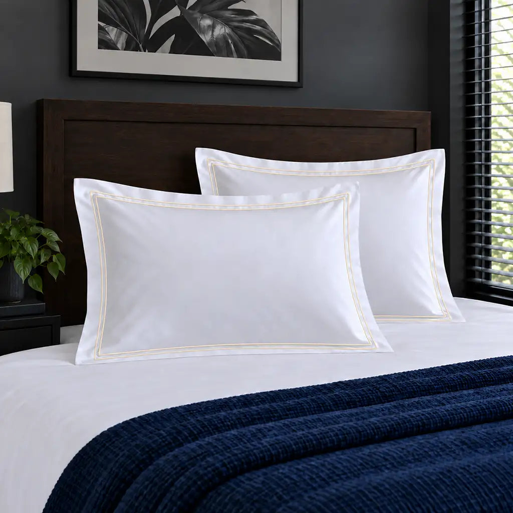 Oxford white 300TC 100% cotton percale pillowcases with two row cream satin stitch border by Linen and Co