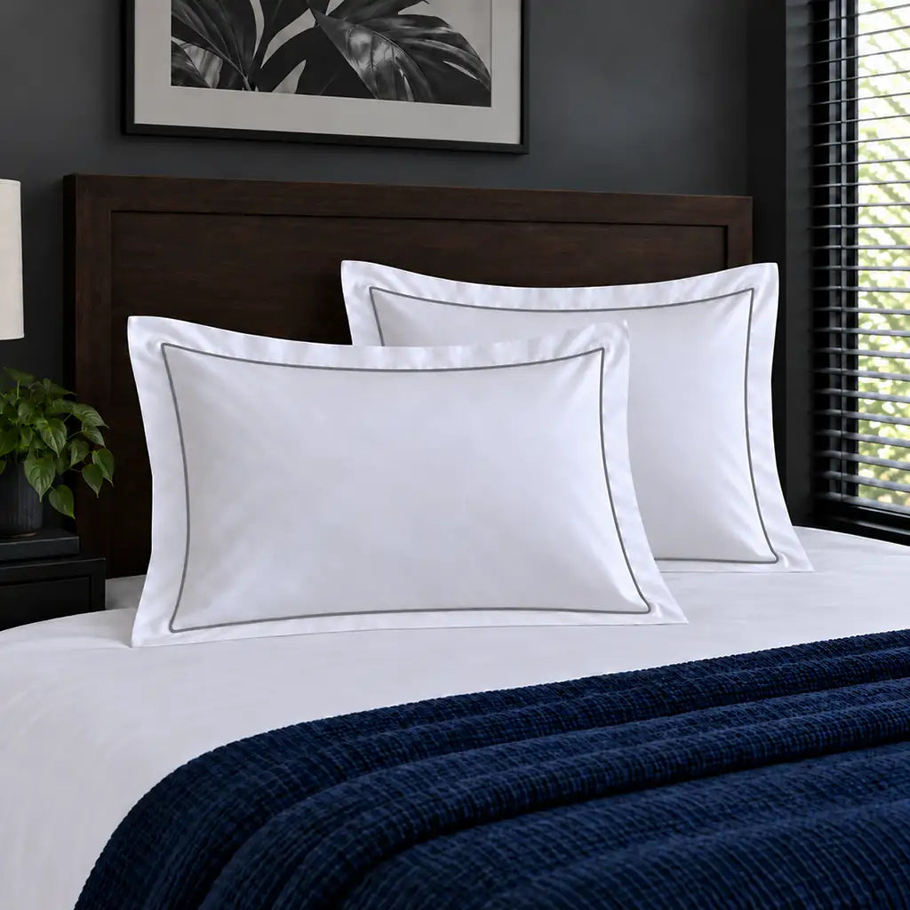Oxford white 300TC 100% cotton percale pillowcases with one row grey satin stitch border by Linen and Co