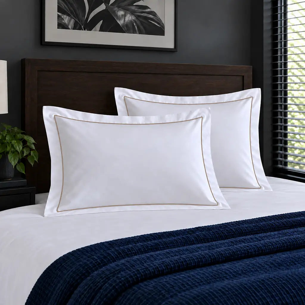 Oxford white 300TC 100% cotton percale pillowcases with one row stone satin stitch border by Linen and Co