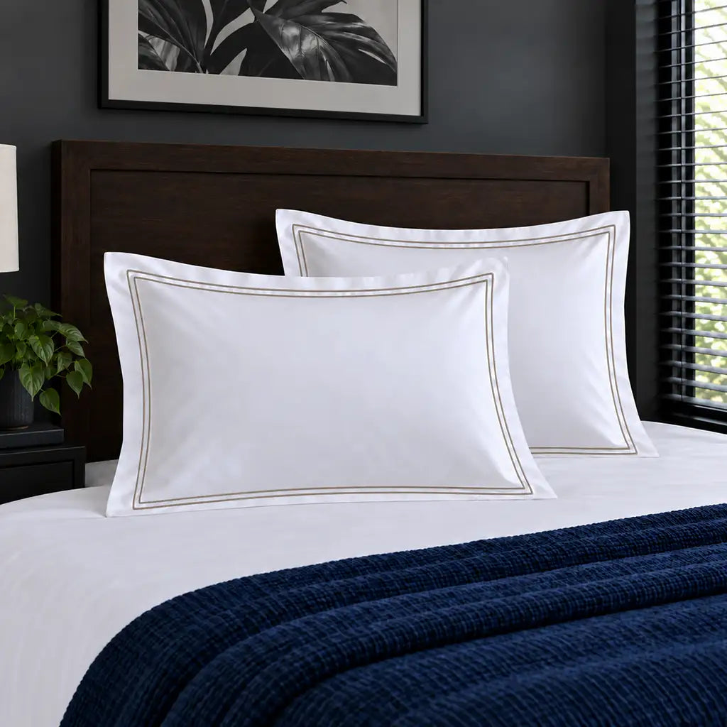 Oxford white 300TC 100% cotton percale pillowcases with two row stone satin stitch border by Linen and Co