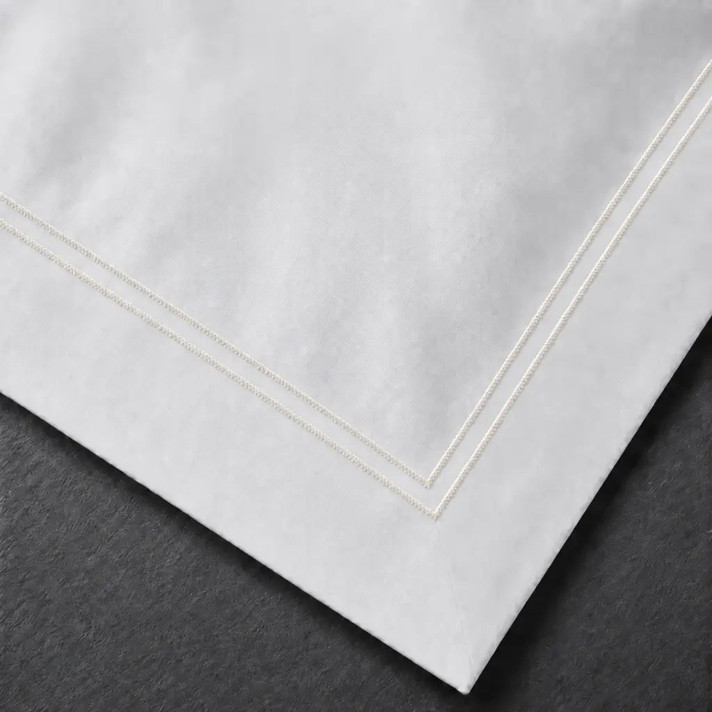 White Cotton 300TC Oxford duvet cover set with two row cream satin stitch — embroidery close-up — Linen & Co
