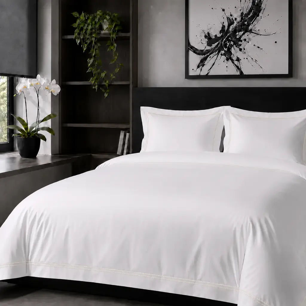 White Cotton 300TC Oxford duvet cover set with two row cream satin stitch — hero view — Linen & Co