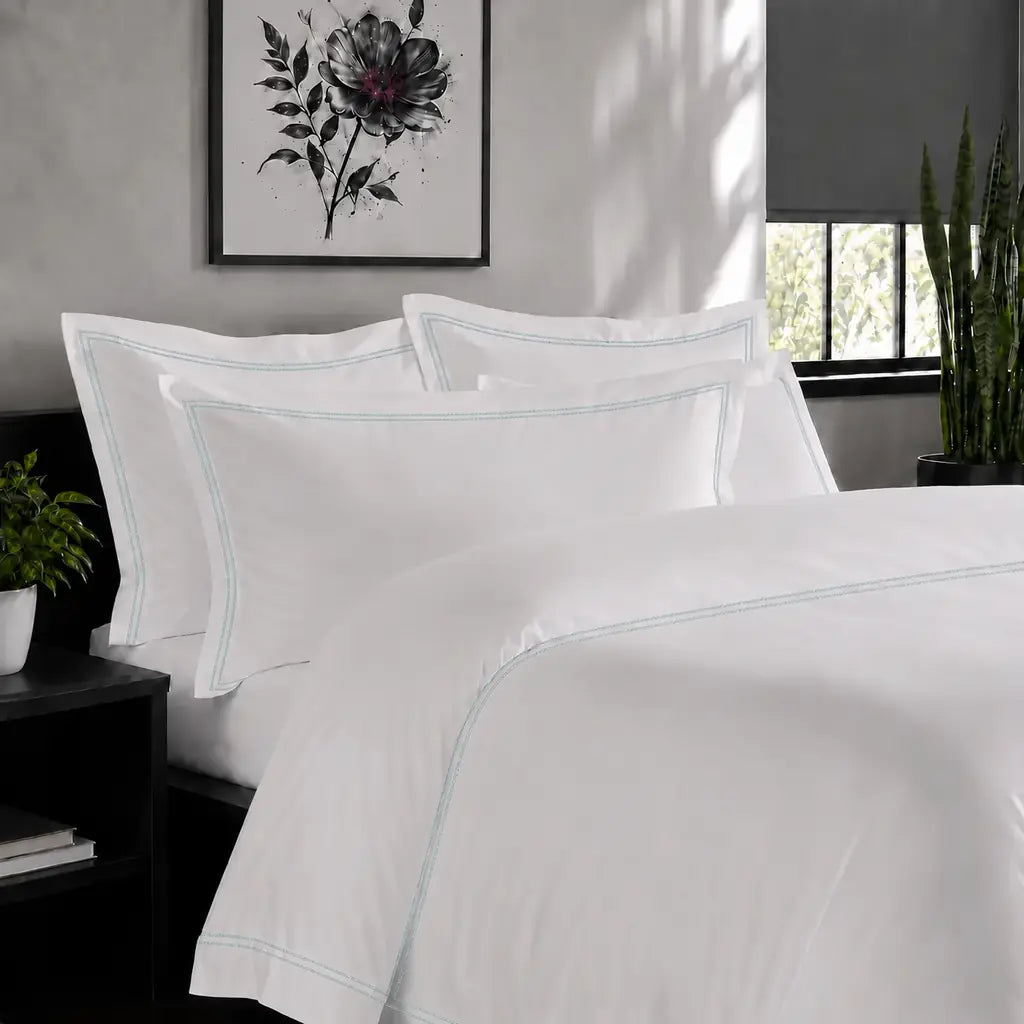 White Cotton 300TC Oxford duvet cover set with two row duck egg satin stitch — alternate lifestyle view — Linen & Co