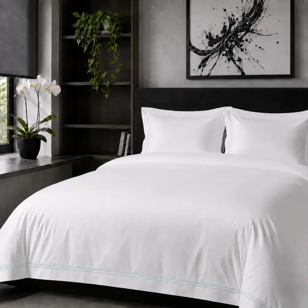 White Cotton 300TC Oxford duvet cover set with two row duck egg satin stitch — hero view — Linen & Co
