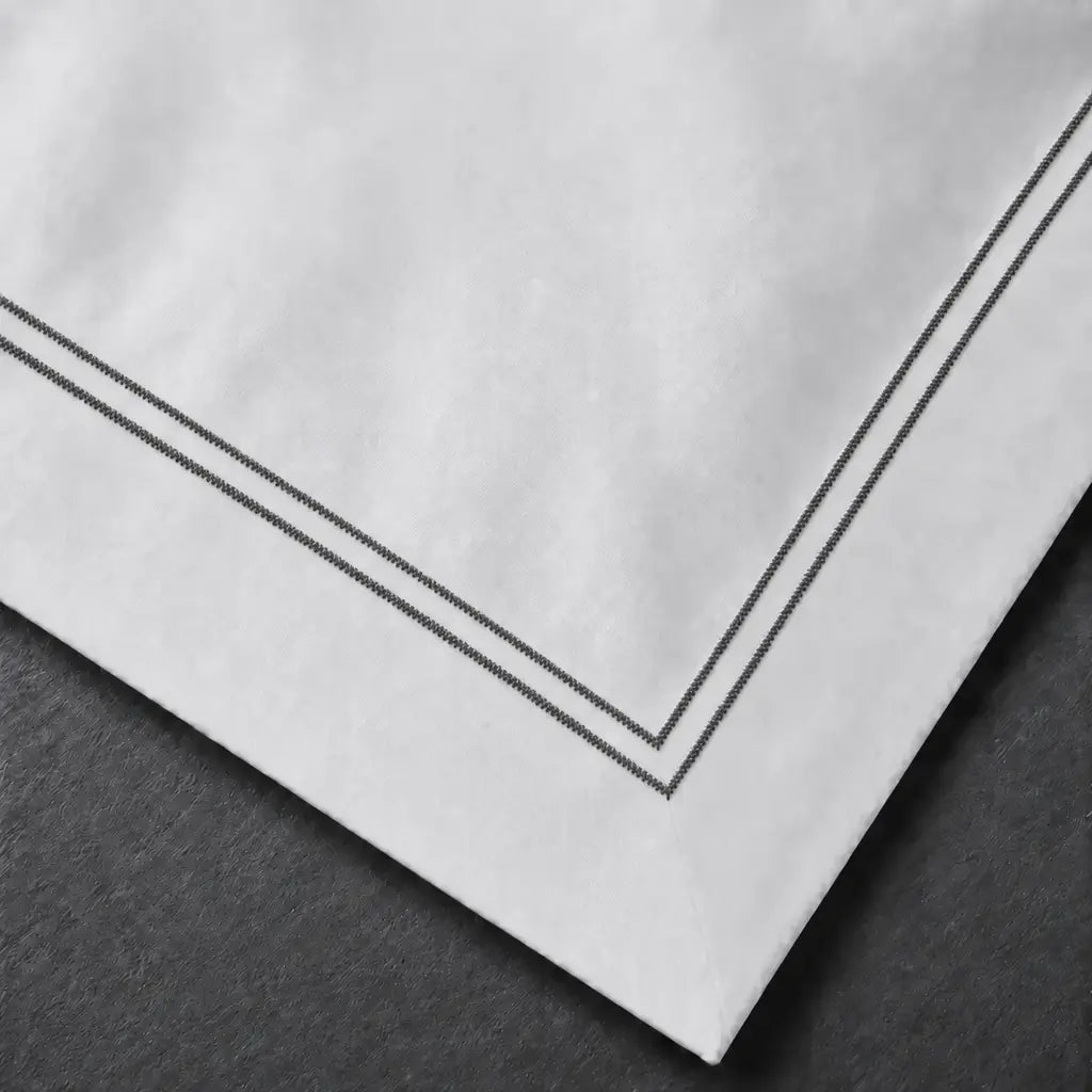 White Cotton 300TC Oxford duvet cover set with two row grey satin stitch — embroidery close-up — Linen & Co
