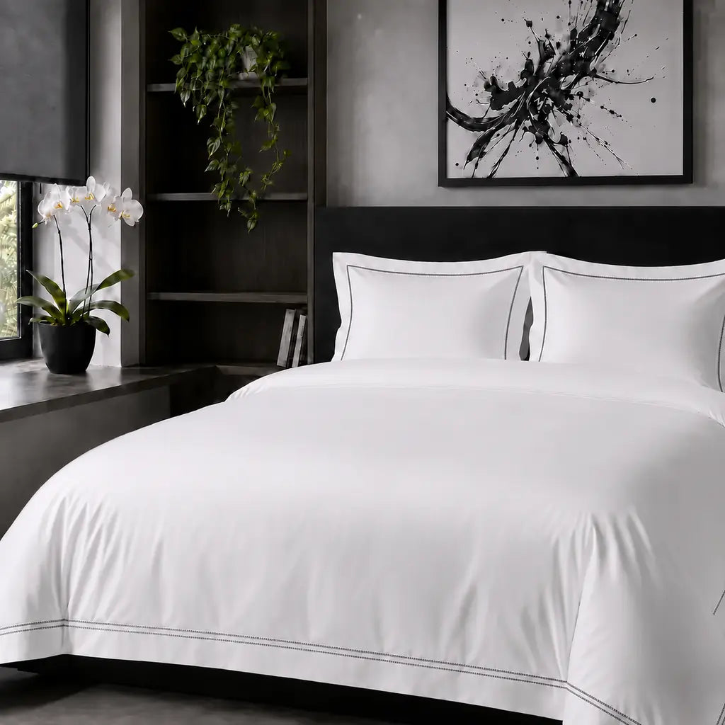White Cotton 300TC Oxford duvet cover set with two row grey satin stitch — hero view — Linen & Co