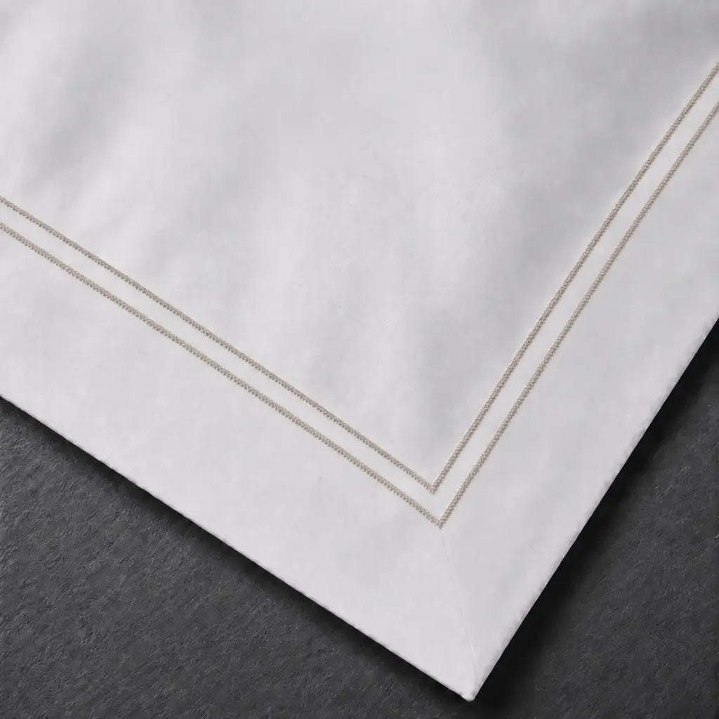 White Cotton 300TC Oxford duvet cover set with two row stone satin stitch — embroidery close-up — Linen & Co
